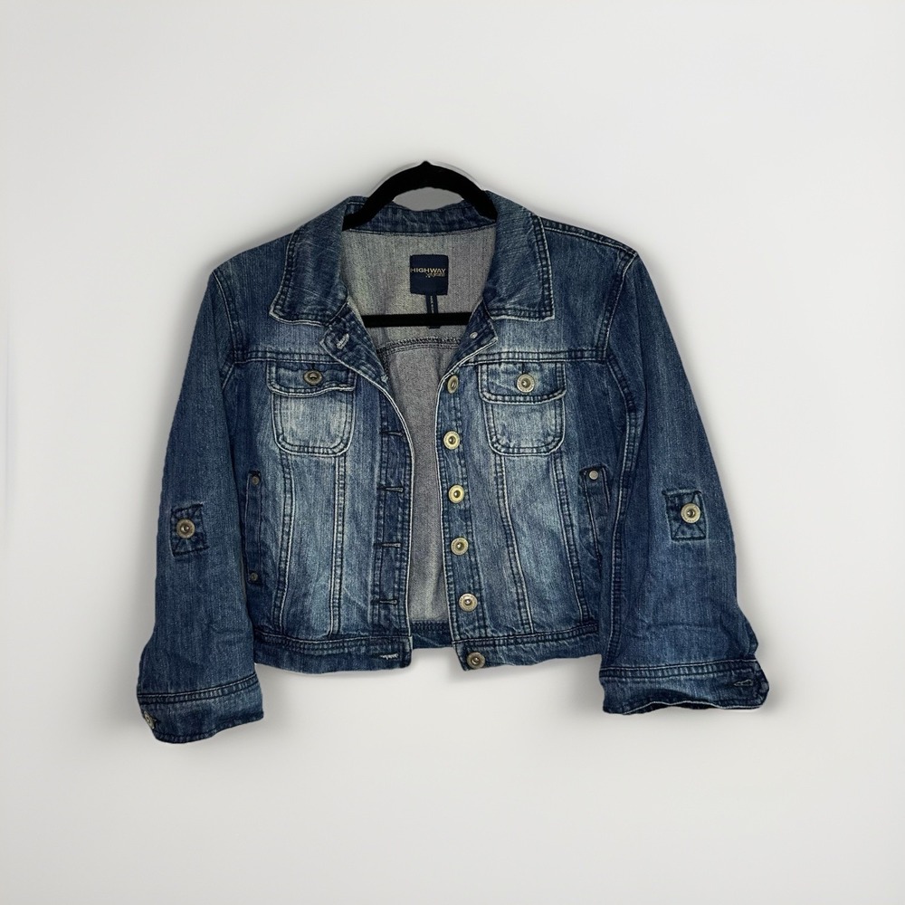 Highway Jeans Youth‎ L Cropped Denim Jacket Blue Distressed Rocker Style